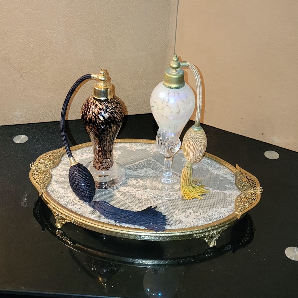 ANTIQUE 194Os 13" Lace Gilted Vanity Tray And 2  Perfume Atomizers with Tassels
